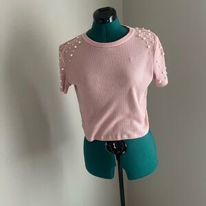 H&M Pink Ribbed Crop Top with Pearl Shoulder Accents
